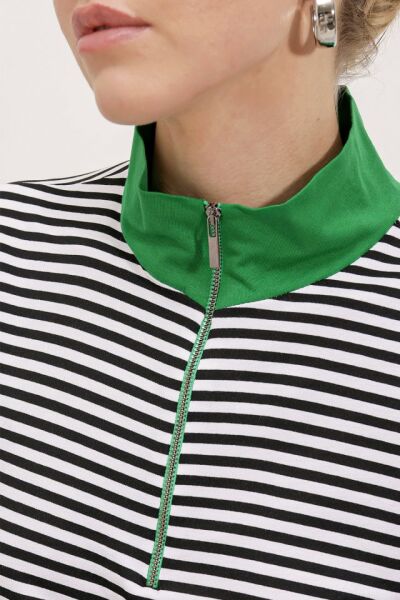 Yeşil Polo Yaka Fermuarlı Çizgili Tişört 0497