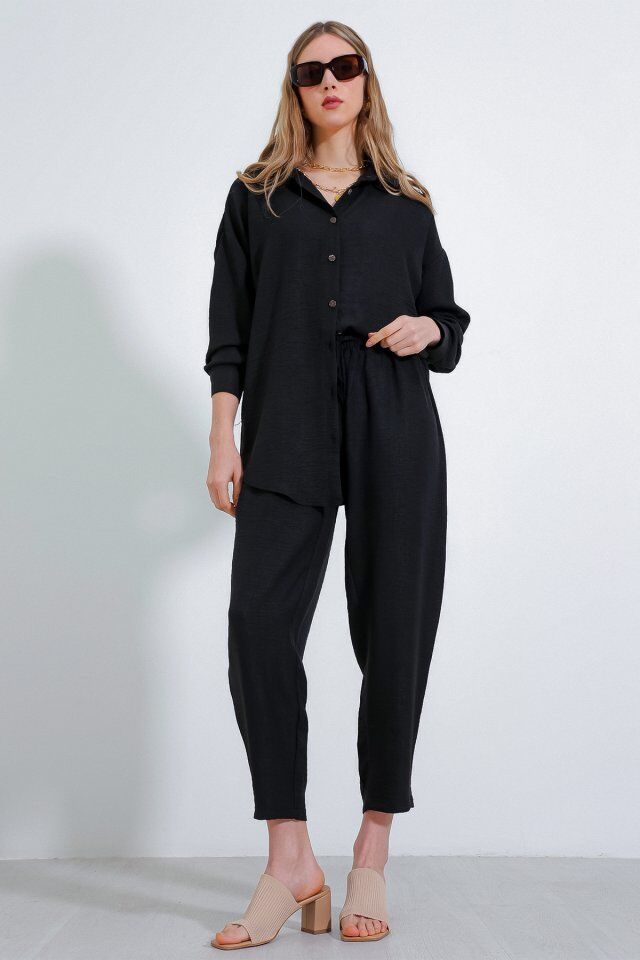 Siyah Oversize Keten Alt Üst Takım 6622