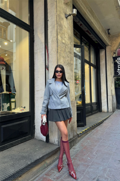 KAŞE CROP CEKET 4 DÜĞME - Gri