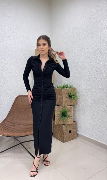 Kadın Ottoman Kumaş Polo Yaka Düğme Detaylı Elbise