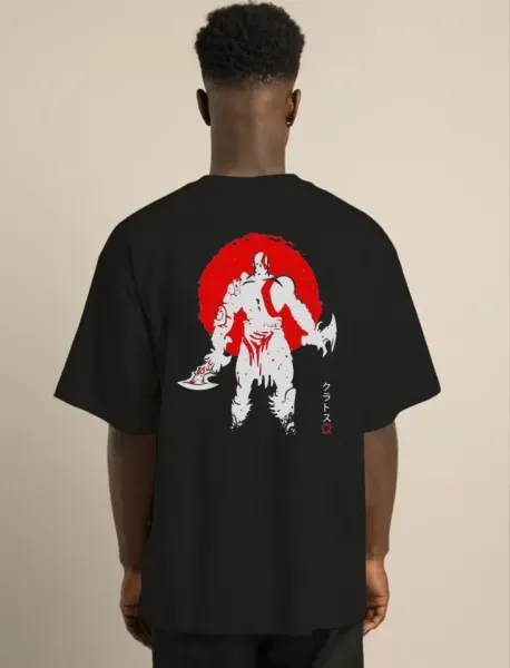 Unisex Bisiklet Yaka Baskılı Oversize T-Shirt - Siyah