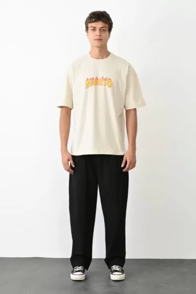 Unisex Bisiklet Yaka Baskılı Oversize T-Shirt - Beyaz