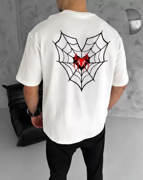 Unisex Bisiklet Yaka Baskılı Oversize T-Shirt - Beyaz