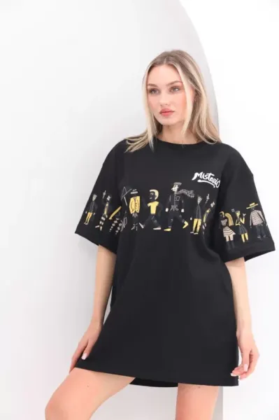 Unisex Bisiklet Yaka Baskılı Oversize T-Shirt - Siyah