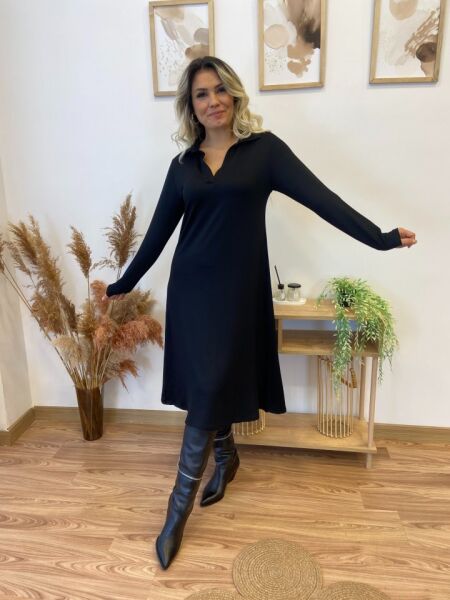 Kadın Uzun Kollu Yakalı Midi Viskon Iki Iplik Elbise