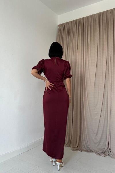 Bordo Büzgülü Saten Elbise