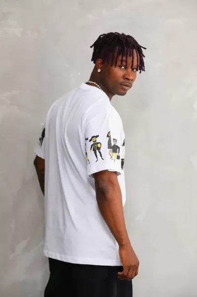 Unisex Bisiklet Yaka Baskılı Oversize T-Shirt - Beyaz