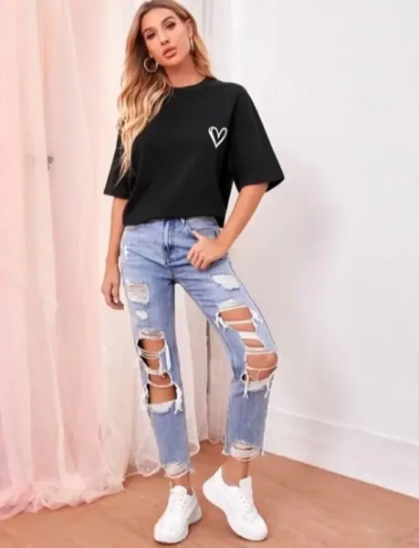 Bisiklet Yaka Baskılı Oversize T-Shirt - Siyah