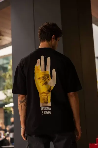 Unisex Bisiklet Yaka Baskılı Oversize T-Shirt - Siyah