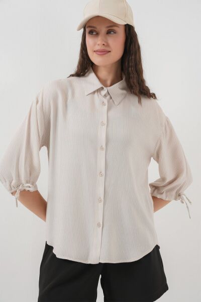 Çizgili Oversize Kısa Kol Gömlek 20296 - Krem