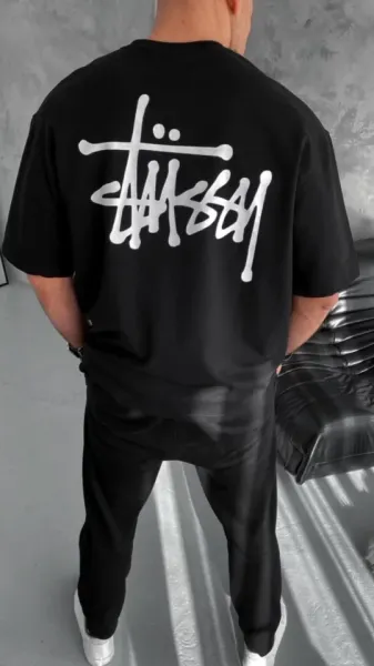 Unisex Bisiklet Yaka Baskılı Oversize T-Shirt - Siyah
