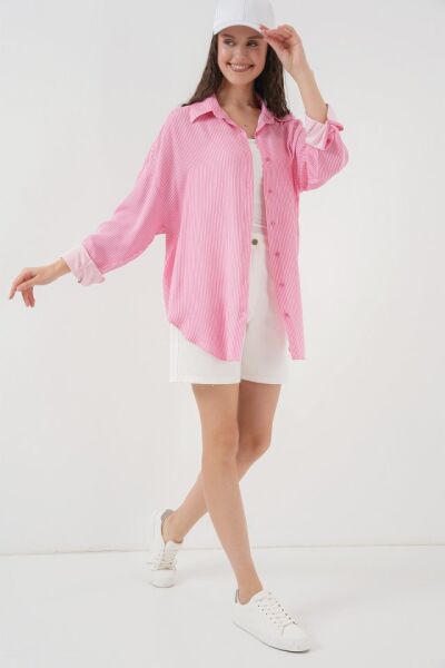 Çizgili Oversize Gömlek 20295 - Pembe