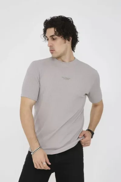 Unisex Bisiklet Yaka Slim Fit T-Shirt- Boyalı Gri