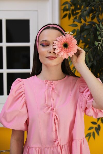 Balon Kol Kurdale Detaylı Elbise - ŞEKER PEMBE