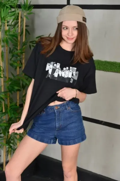 Unisex Bisiklet Yaka Baskılı Oversize T-Shirt - Siyah
