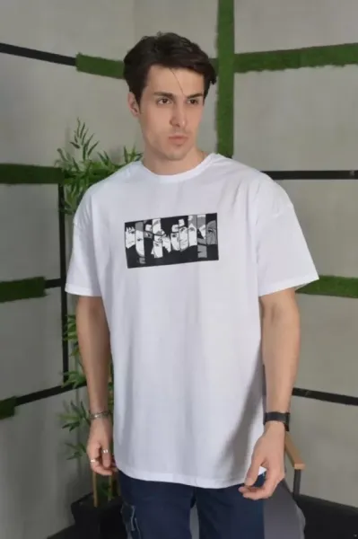 Unisex Bisiklet Yaka Baskılı Oversize T-Shirt - Beyaz