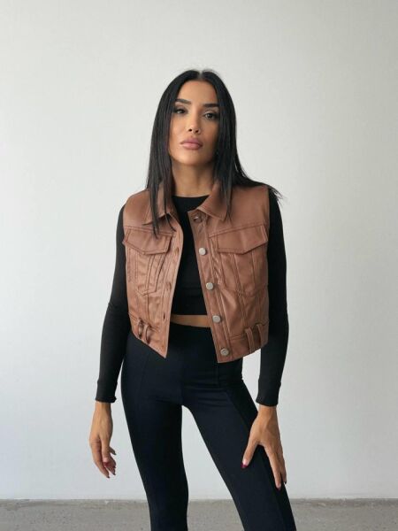 DERİ CROP YELEK - Kahverengi