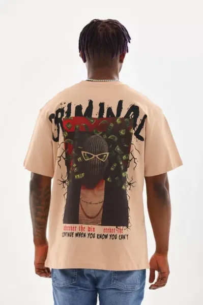 Unisex Baskılı Oversize T-Shirt - Bej