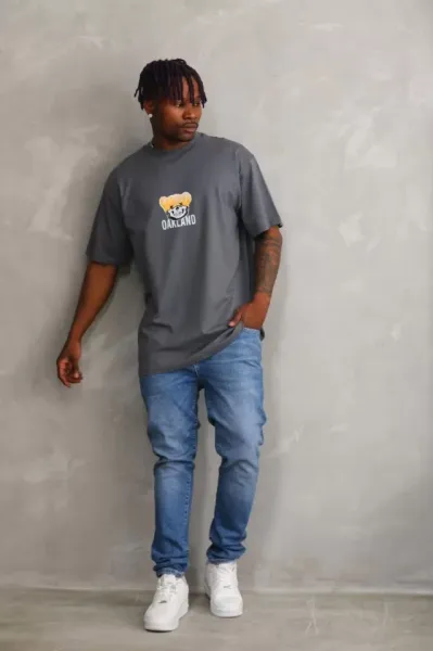 Unisex Baskılı Oversize T-Shirt - Füme