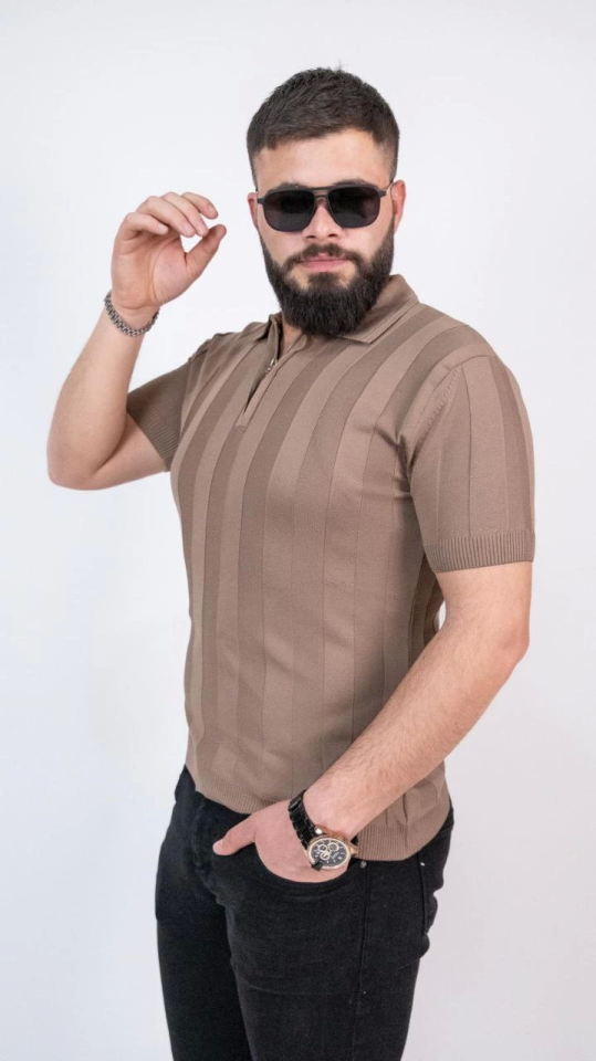 Triko Dokuma Yarım Fermuarlı Yakalı T-shirt - Kahverengi