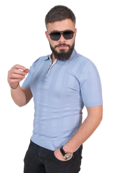 Triko Dokuma Yarım Fermuarlı Yakalı T-shirt - Açık Mavi