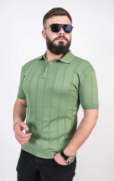 Triko Dokuma Yarım Fermuarlı Yakalı T-shirt - Su Yeşili
