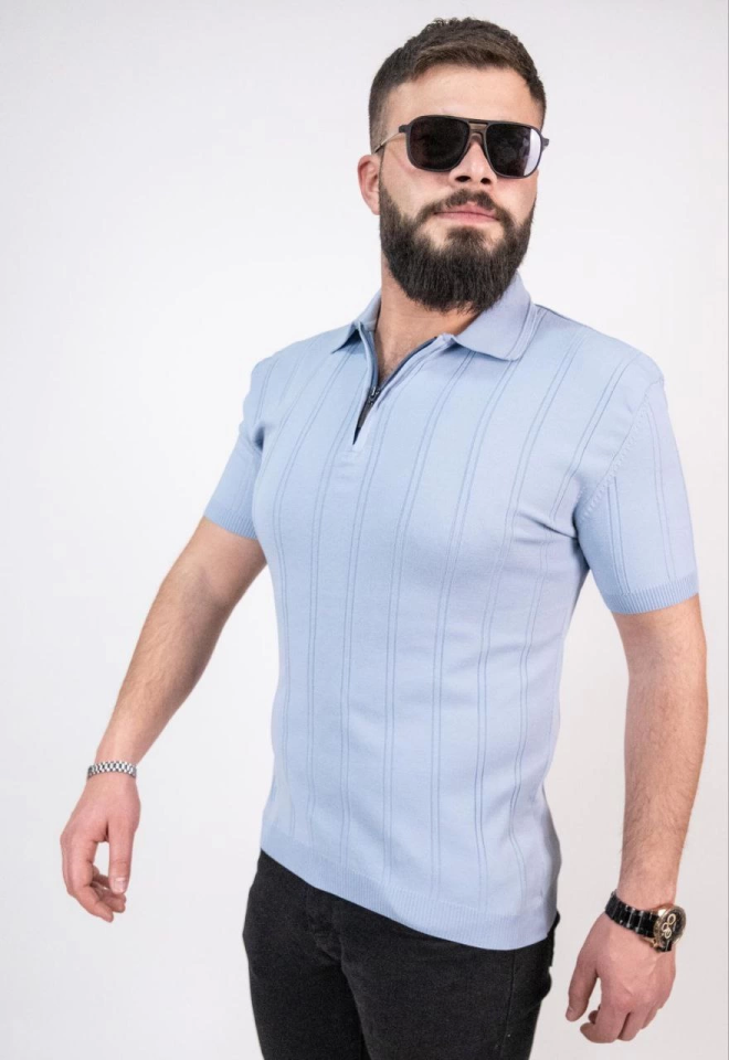Triko Dokuma Yarım Fermuarlı Yakalı T-shirt - Açık Mavi