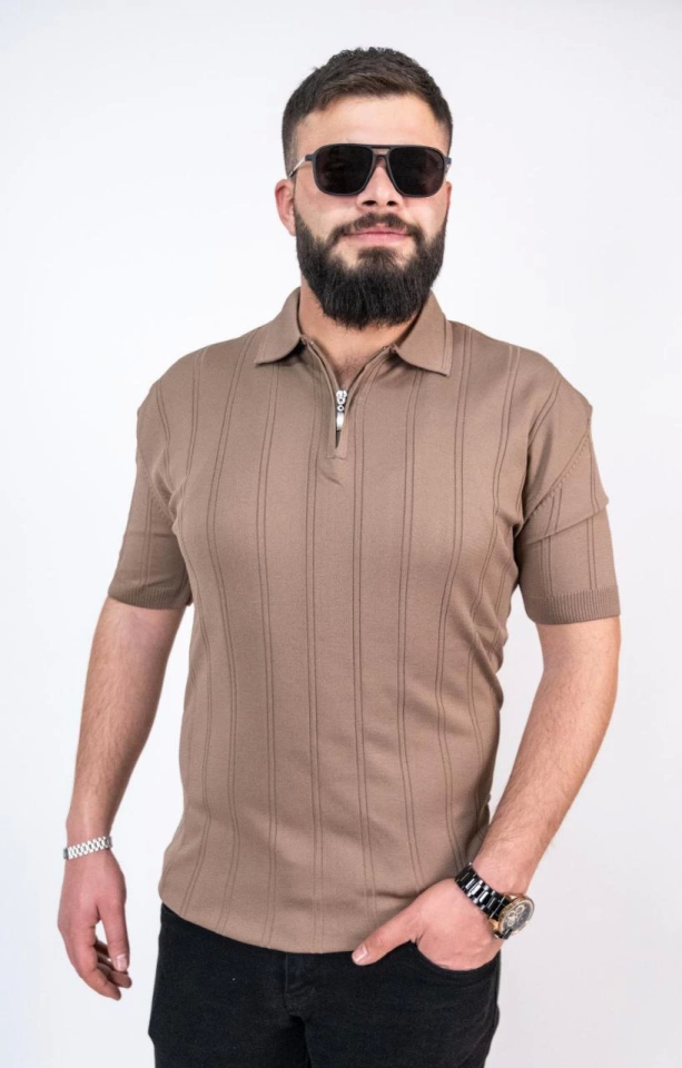 Triko Dokuma Yarım Fermuarlı Yakalı T-shirt - Kahverengi