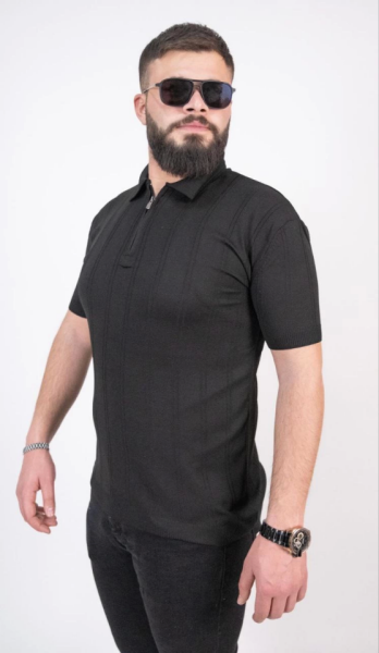 Triko Dokuma Yarım Fermuarlı Yakalı T-shirt - Siyah