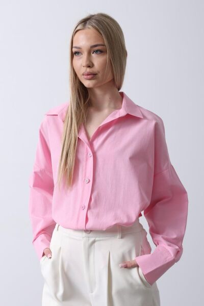 Geniş Manşet Detaylı Gömlek - Şeker Pembe