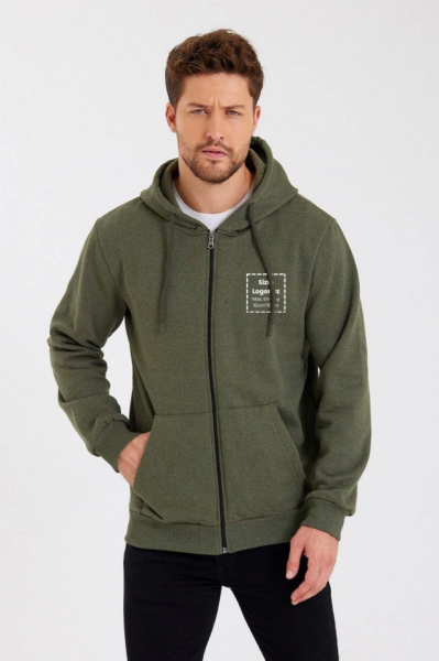 Unisex Tam Fermuarlı Kapşonlu Özel Tasarım SweatShirt - Haki