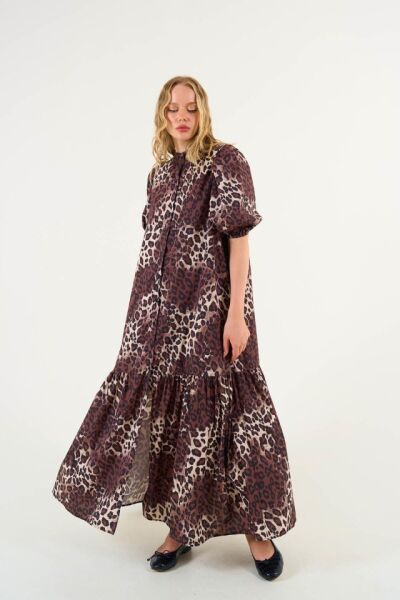 Kısa Kollu Leoparlı Elbise - Leopar