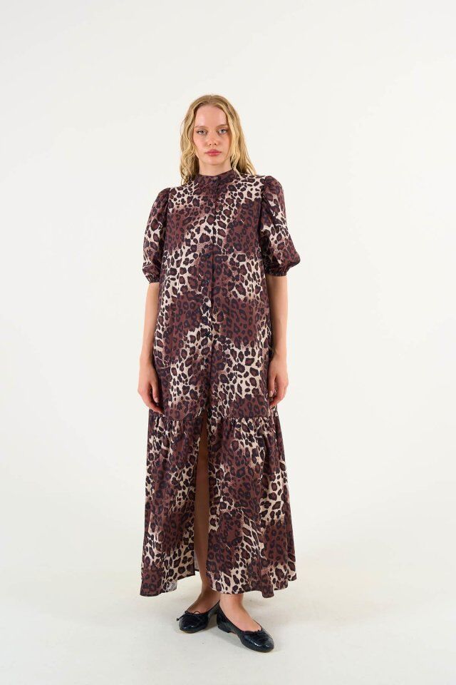 Kısa Kollu Leoparlı Elbise - Leopar