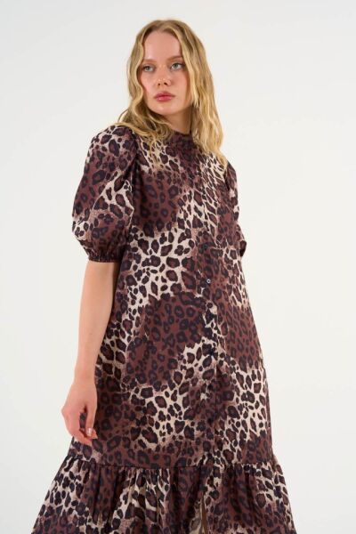 Kısa Kollu Leoparlı Elbise - Leopar