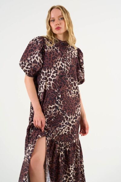 Kısa Kollu Leoparlı Elbise - Leopar