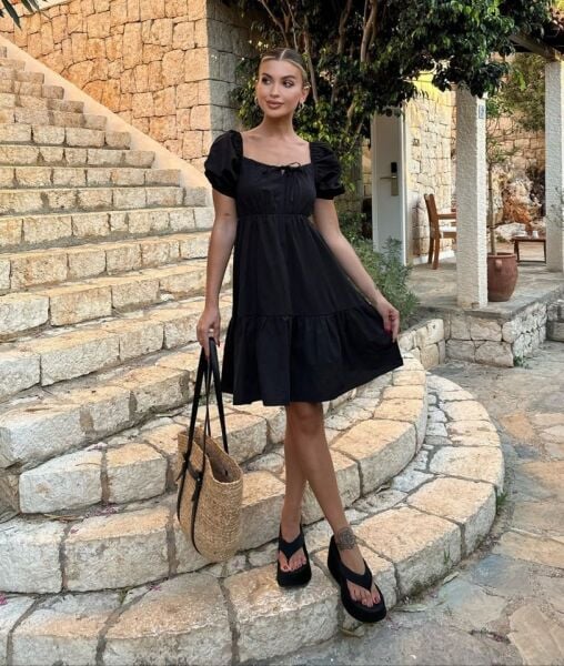 2351 Kloş Poplin Elbise - Siyah