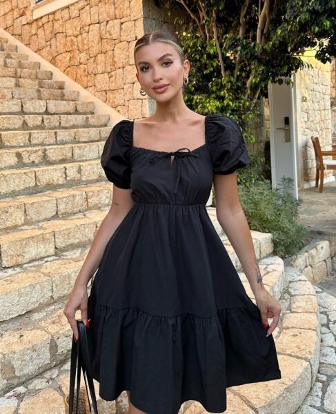 2351 Kloş Poplin Elbise - Siyah