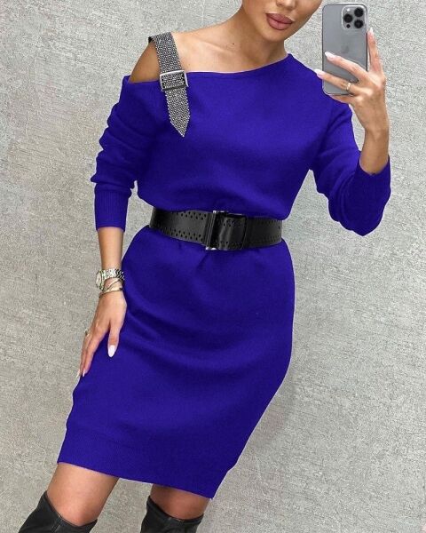 Kadın Uzun Kollu Askı Detay Iki Iplik Mini Boy Elbise