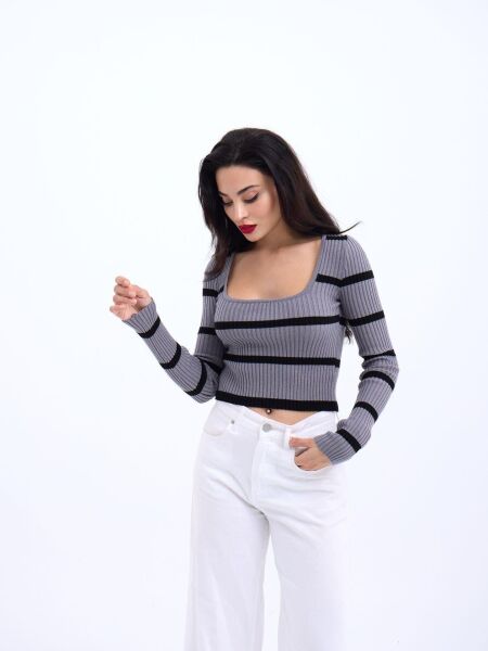 42221 TRİKO ÇİZGİLİ FİTİLLİ CROP-GRİ-SİYAH