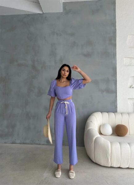 KETEN CROP KARPUZ KOL BLUZ-PANTOLON HASIR KEMERLİ - Mor