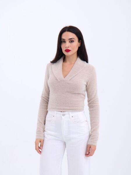 42531 TRİKO SİMLİ YAKALI CROP-TAŞ