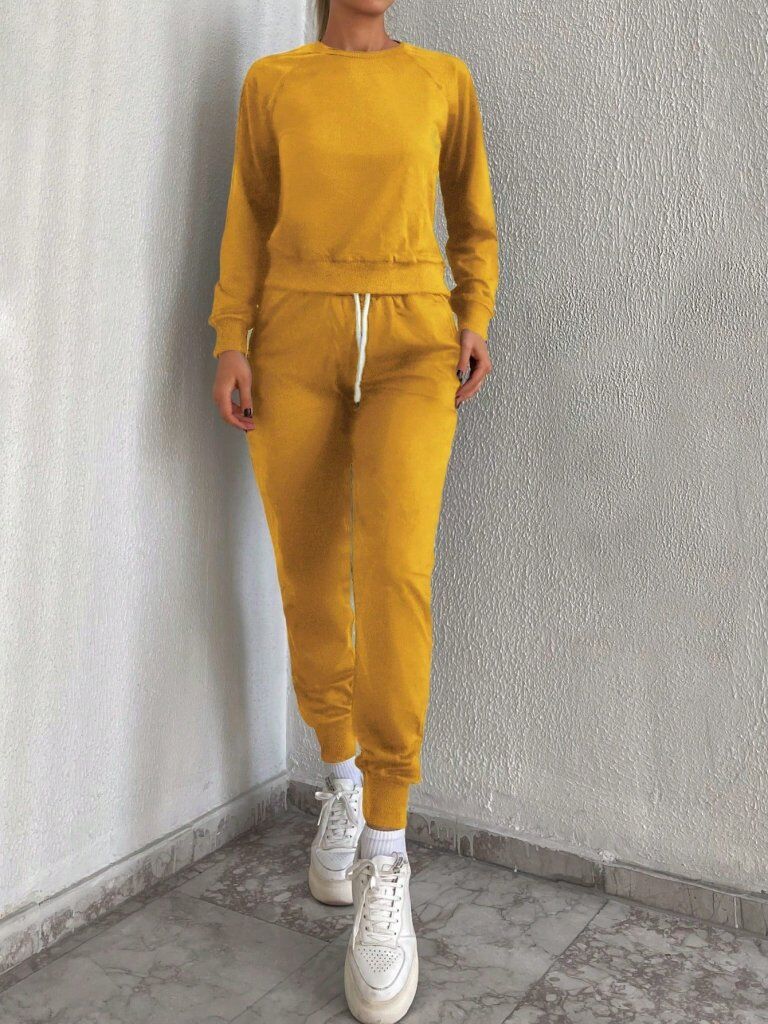 Kadın Sarı Bisiklet Yaka Iki Iplik üstü Krop Ikili Takım