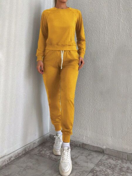 Kadın Sarı Bisiklet Yaka Iki Iplik üstü Krop Ikili Takım