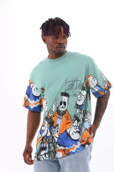 Unisex Oversize Baskılı Bisiklet Yaka T-Shirt - Mint Yeşili