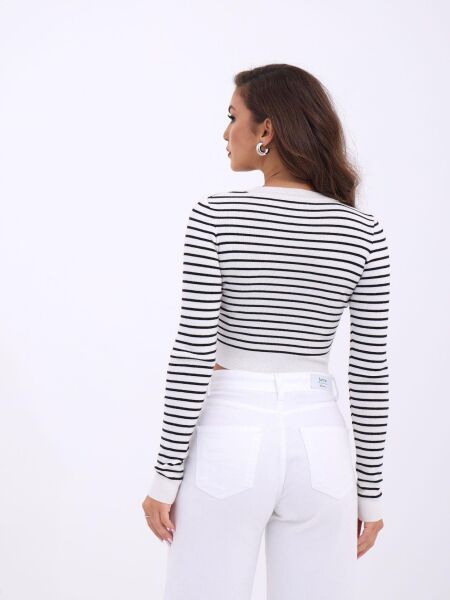 42211 TRİKO ÇİZGİLİ CROP-EKRU-SİYAH