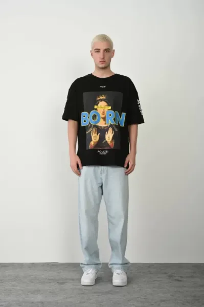 Unisex Baskılı Bisiklet Yaka Oversize T-Shirt - Siyah