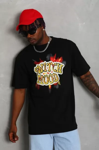 Unisex Oversize Baskılı Bisiklet Yaka T-Shirt - Siyah