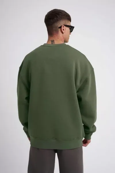 Unisex Biskilet Yaka Üç İplik SweatShirt - Haki