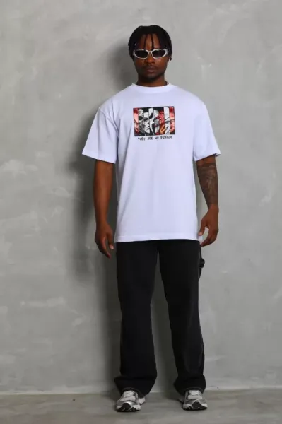 Unisex Oversize Baskılı Bisiklet Yaka T-Shirt - Beyaz