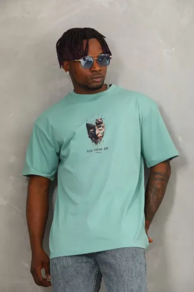 Unisex Oversize Baskılı Bisiklet Yaka T-Shirt - Mint Yeşili